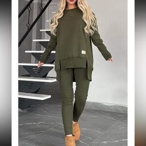 Olive Green Women's Pants & sweatshirt Set side slit high low medium new in bag